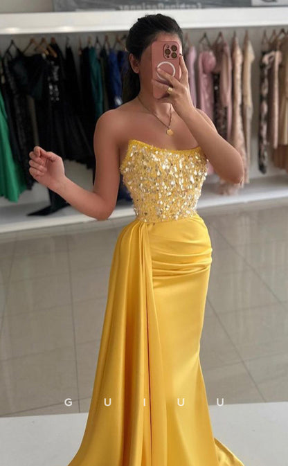 G4254 - Mermaid Boat Neck Sleeveless Sequined Beaded Long Prom Dress with Train