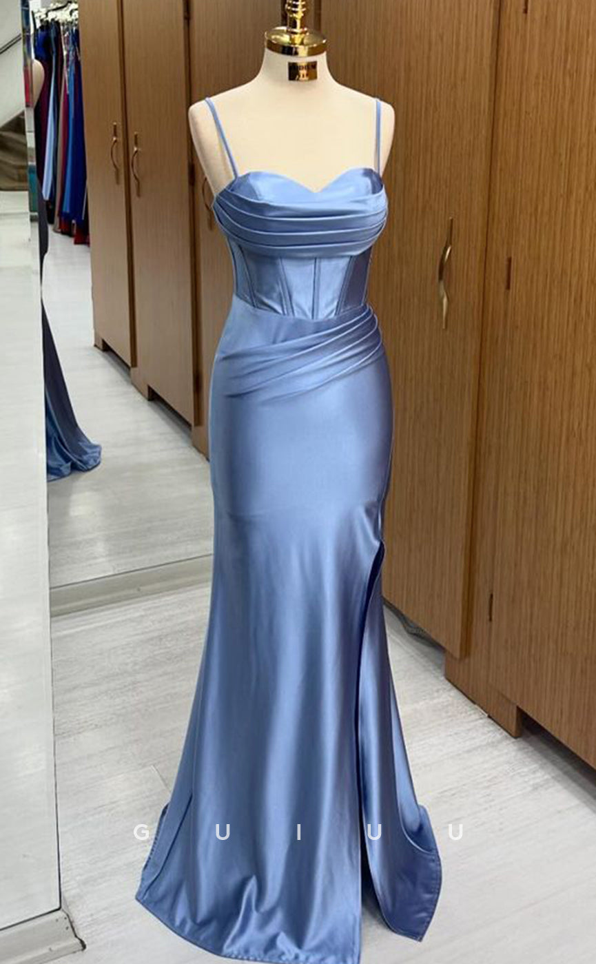 G4230 - Simple & Casual Mermaid Strapless Straps Sleeveless Pleaated Ruched Long Party Prom Gown