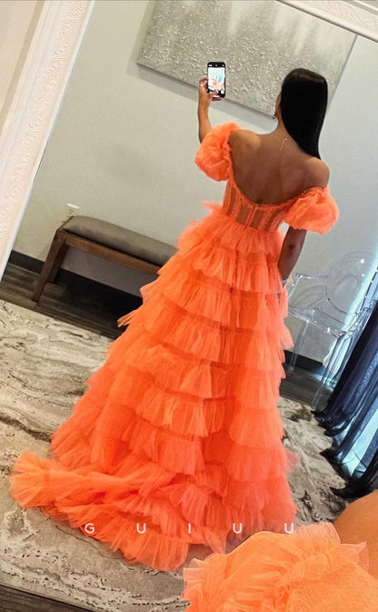 G4385 - Beautiful A-Line Strapless Off The Shoulder Lace Sleeves Tulle Tiered Formal Evening Gown with High Slit