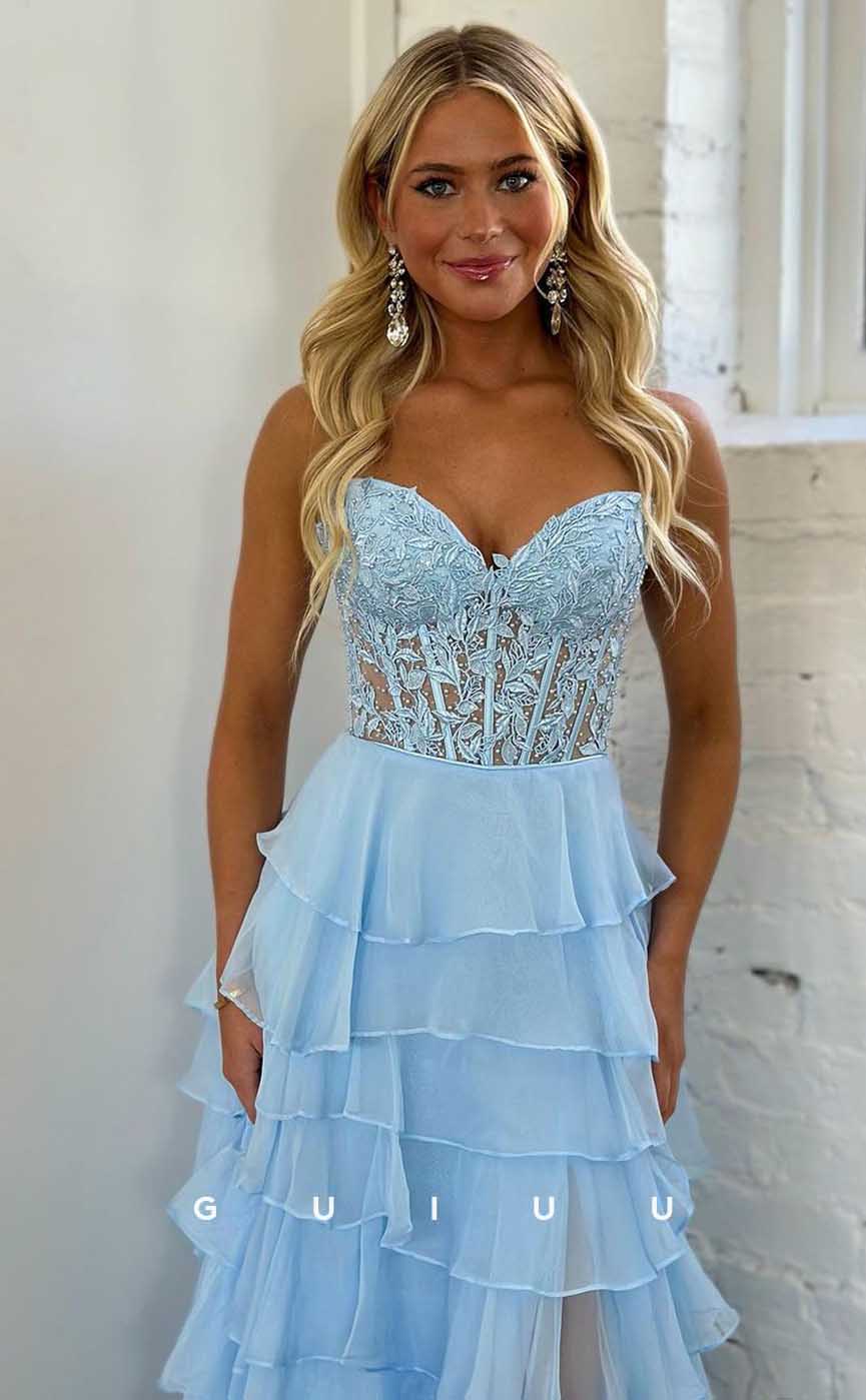 G4403 - Chic & Cute A-Line V Neck Illusion Pleats Chiffon Tiered Open Back Prom Evening Dress with Slit