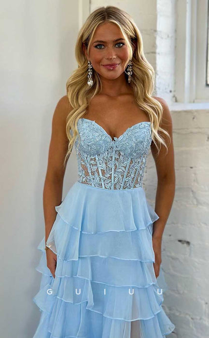 G4403 - Chic & Cute A-Line V Neck Illusion Pleats Chiffon Tiered Open Back Prom Evening Dress with Slit