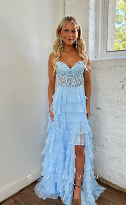 G4403 - Chic & Cute A-Line V Neck Illusion Pleats Chiffon Tiered Open Back Prom Evening Dress with Slit