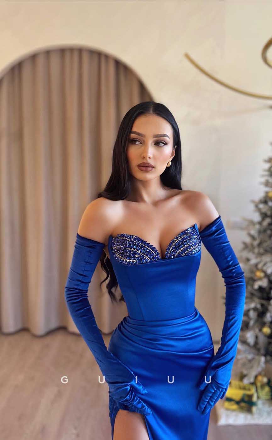 G4388 - Simple Blue Column V Neck Satin Long Sleeves Form Evening Dress with  Slit