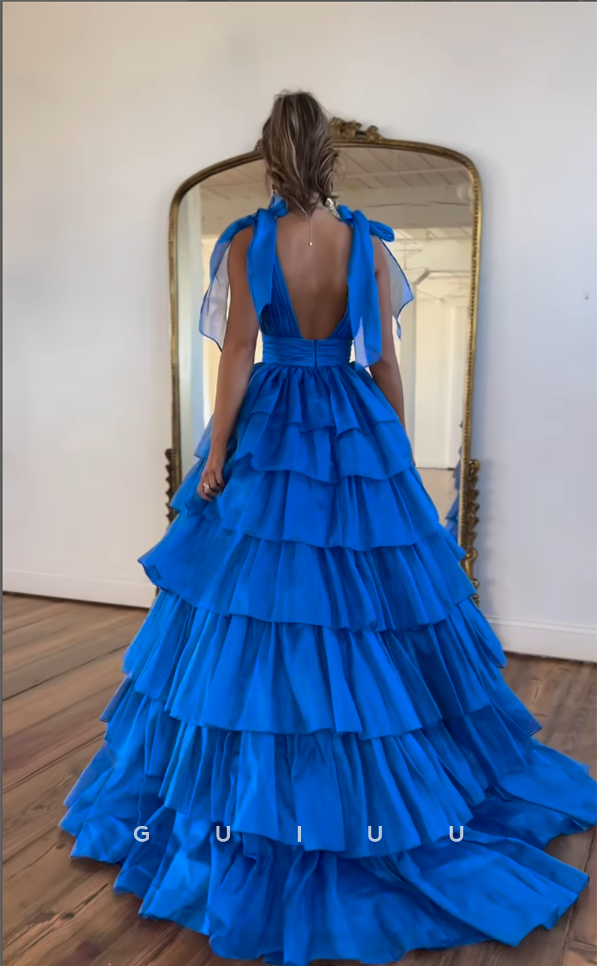 G4406 - Glamorous A-Line Blue V Neck Pleats Open Back Sleeveless Long Prom Formal Dress with Slit