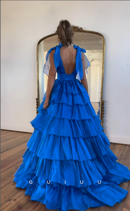 G4406 - Glamorous A-Line Blue V Neck Pleats Open Back Sleeveless Long Prom Formal Dress with Slit