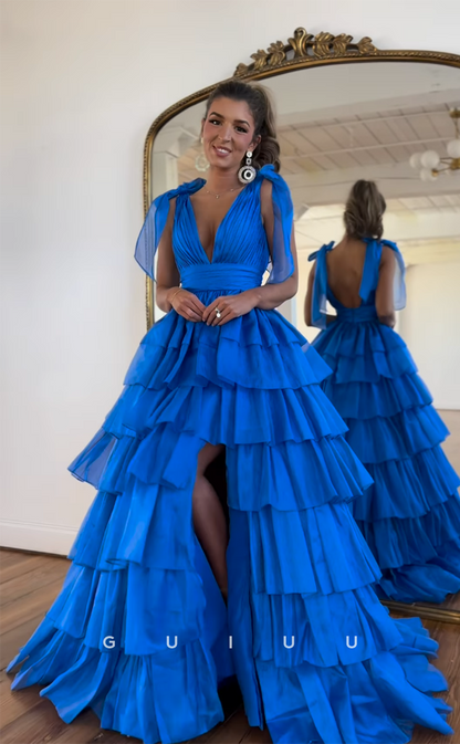 G4406 - Glamorous A-Line Blue V Neck Pleats Open Back Sleeveless Long Prom Formal Dress with Slit