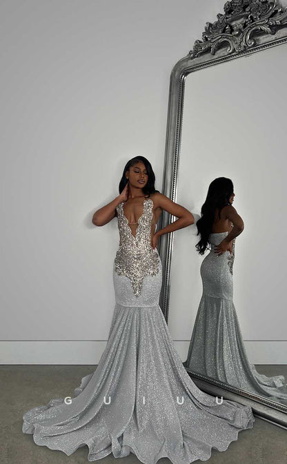 G4429 - Glamorous Mermaid Deep V Neck Sleeveless Allover Crystal Open Back Prom Party Dress with Train for Black Girl Slay