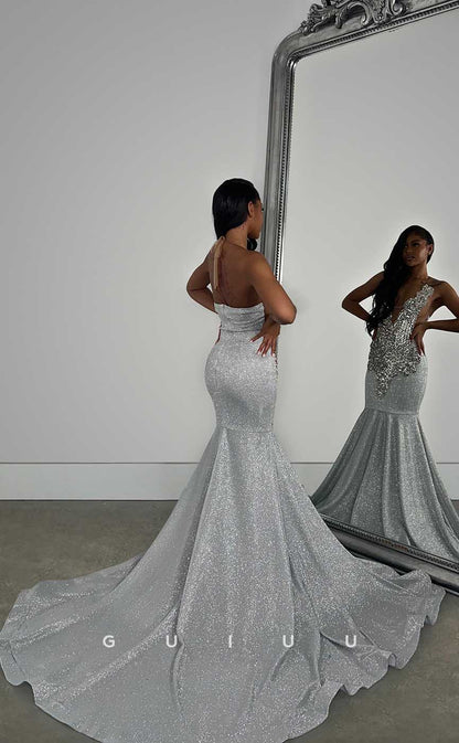G4429 - Glamorous Mermaid Deep V Neck Sleeveless Allover Crystal Open Back Prom Party Dress with Train for Black Girl Slay