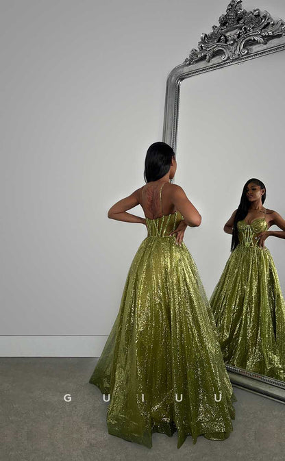 G4420 - Sexy & Hot A-Line Spaghetti Straps Strapless Glitter Sleeveless Long Prom Evening Dress for Black Girl Slay