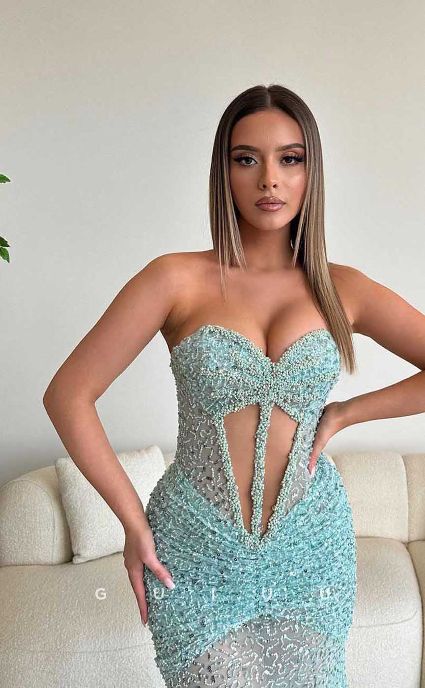 G4415 - Sexy & Hot Column Mermaid Strapless Crystal Sleeveless Prom Party Dress with Slit