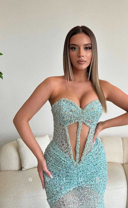 G4415 - Sexy & Hot Column Mermaid Strapless Crystal Sleeveless Prom Party Dress with Slit