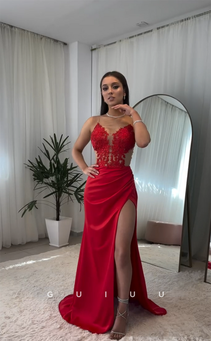 G4410 - Sexy & Hot Column V Neck Straps Stain Appliques Ruched Illusion Sleeveless Prom Party Dress with High Slit