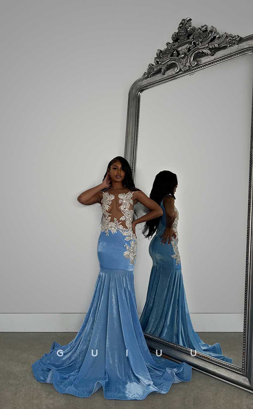 G4422 -Mermaid Sleeveless Illsion Baby Blue Velvet Prom Evening Dress with Train for Black Girl Slay