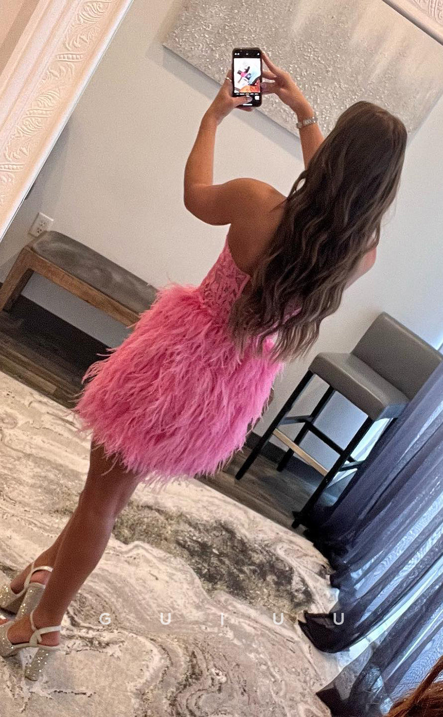 GH455 - Sheath Sweetheart Lace Appliques Short Homecoming Dress Pink Party Gown