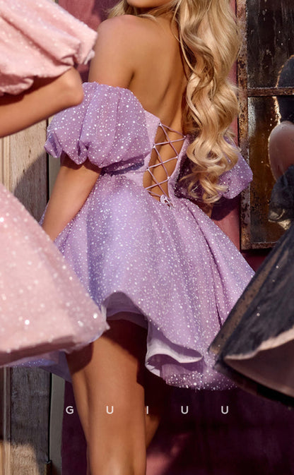 GH450 - A Line V neck Short Sleeves Cute Homecoming Dress Short Party Gown