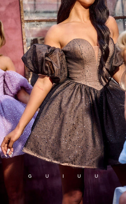 GH450 - A Line V neck Short Sleeves Cute Homecoming Dress Short Party Gown