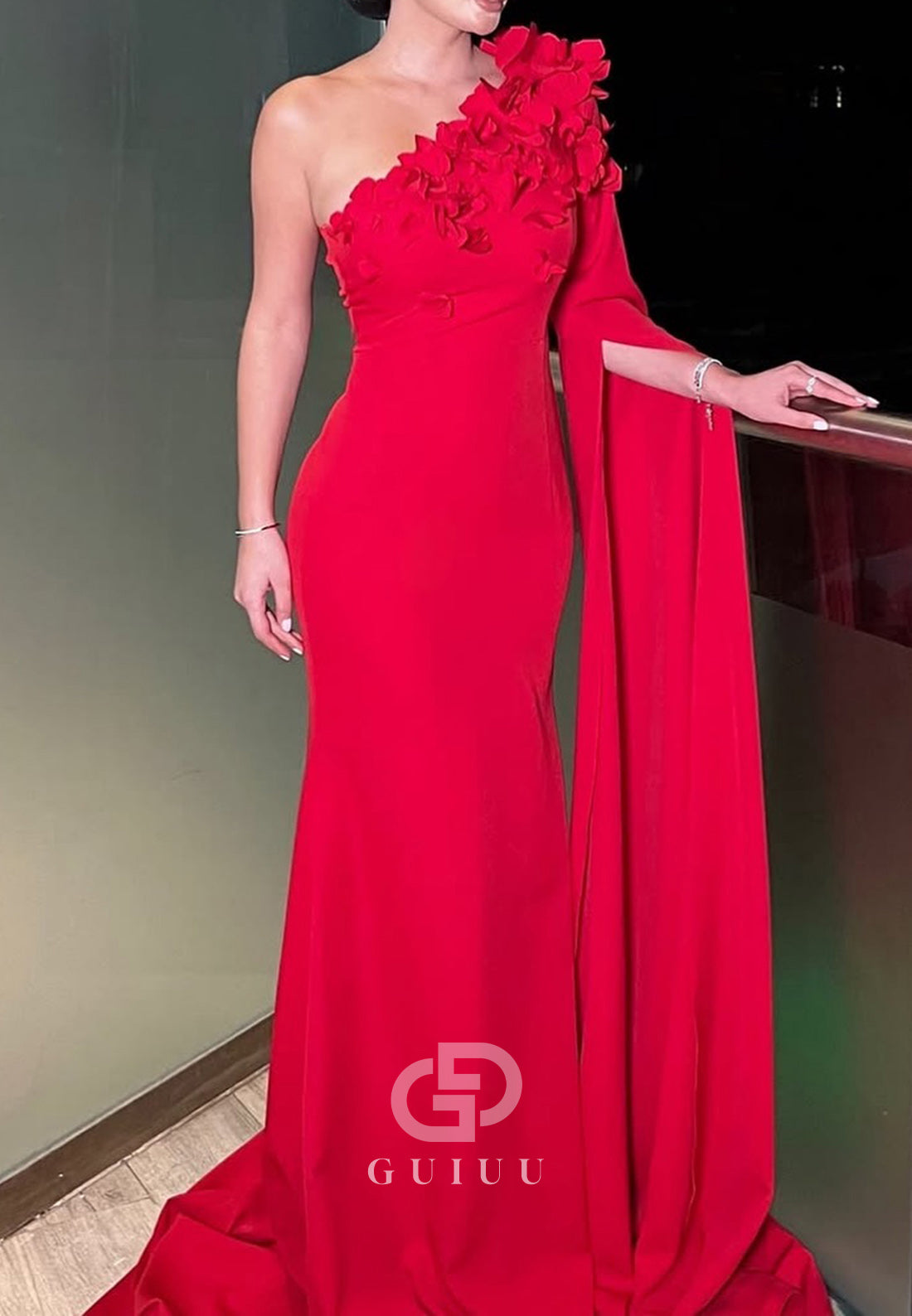 Elegant Red One Shoulder Floral Appliques Evening Dress