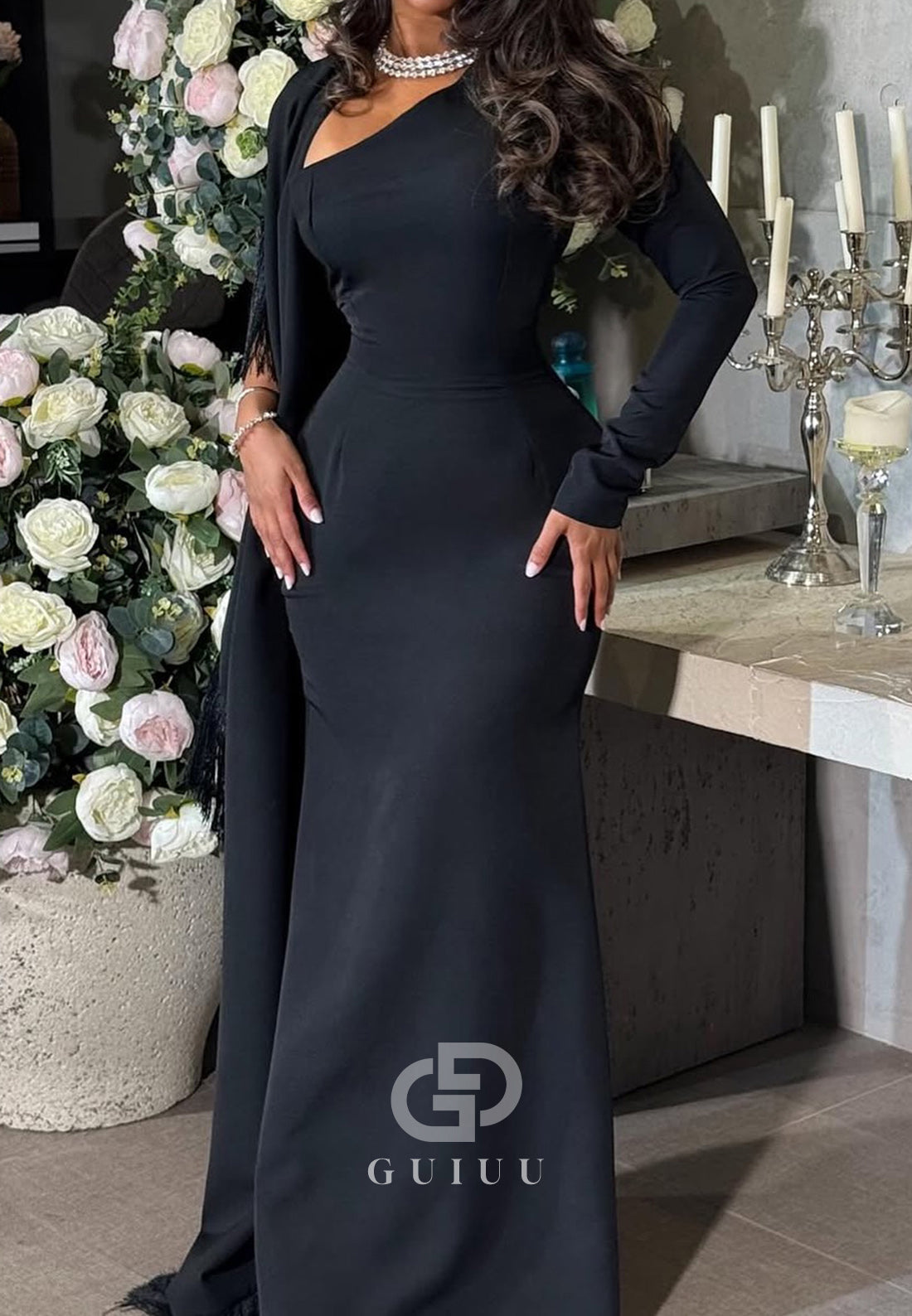 Black Long Sleeves Asymmetrical Sheath Evening Dress