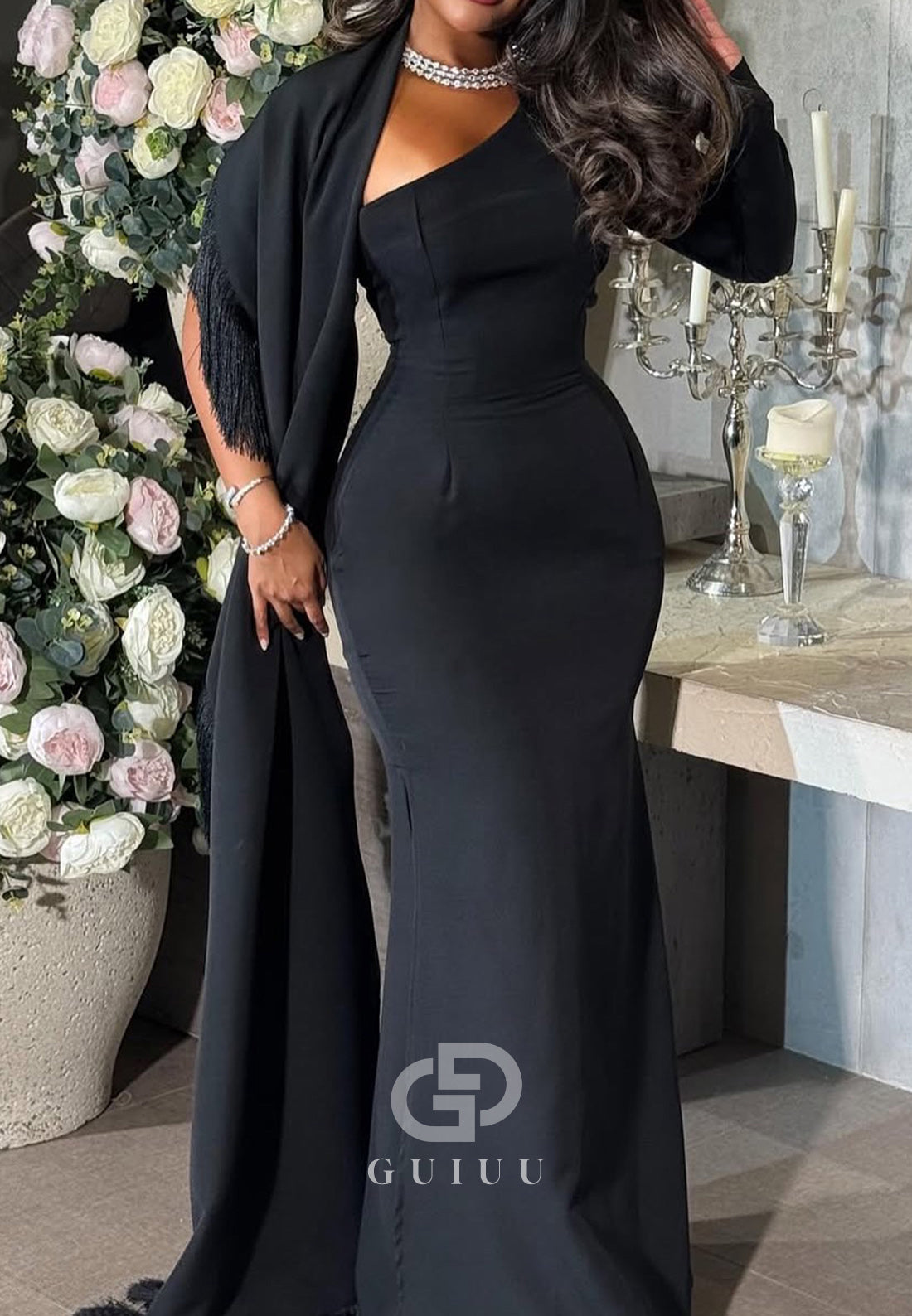 Black Long Sleeves Asymmetrical Sheath Evening Dress