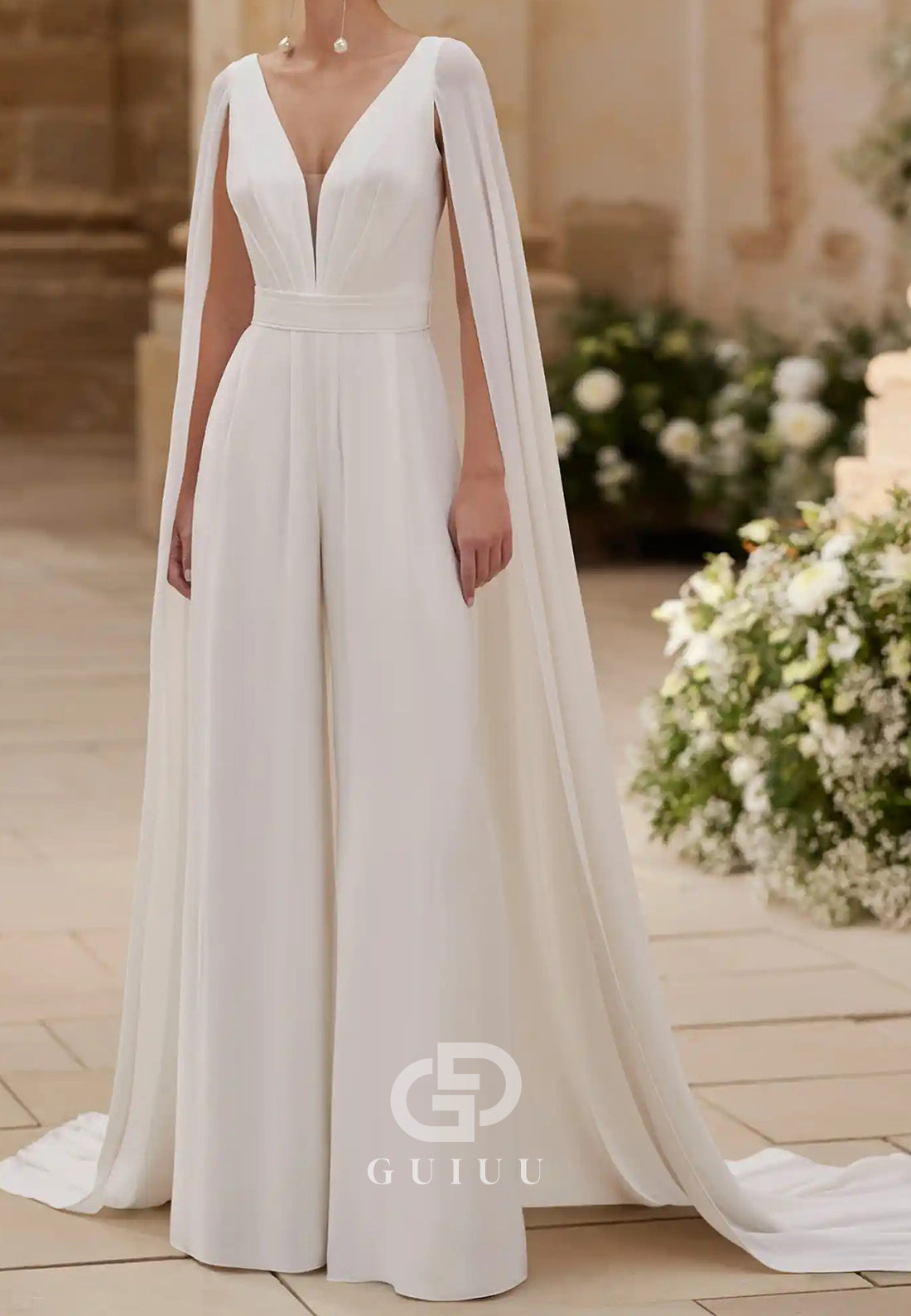 Elegant V-Neck Cape Jumpsuit Chiffon Wedding Dress