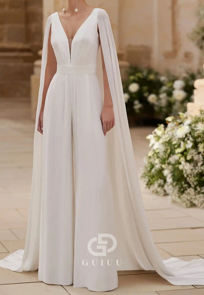 Elegant V-Neck Cape Jumpsuit Chiffon Wedding Dress
