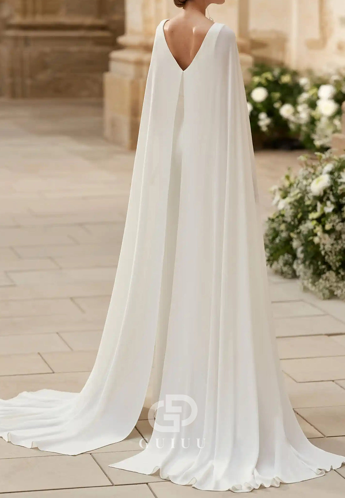 Elegant V-Neck Cape Jumpsuit Chiffon Wedding Dress