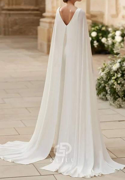 Elegant V-Neck Cape Jumpsuit Chiffon Wedding Dress