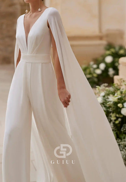 Elegant V-Neck Cape Jumpsuit Chiffon Wedding Dress