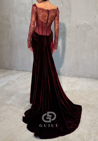 Burgundy Long Sleeves Scoop Ruched Velvet  Evening Dress