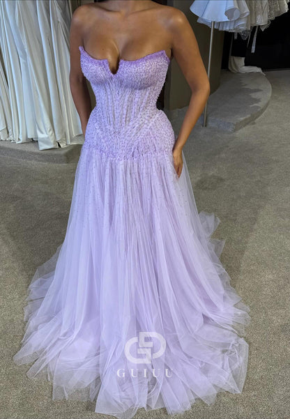 Lilac A-Line Sweetheart Sleeveless Lace Prom Dress