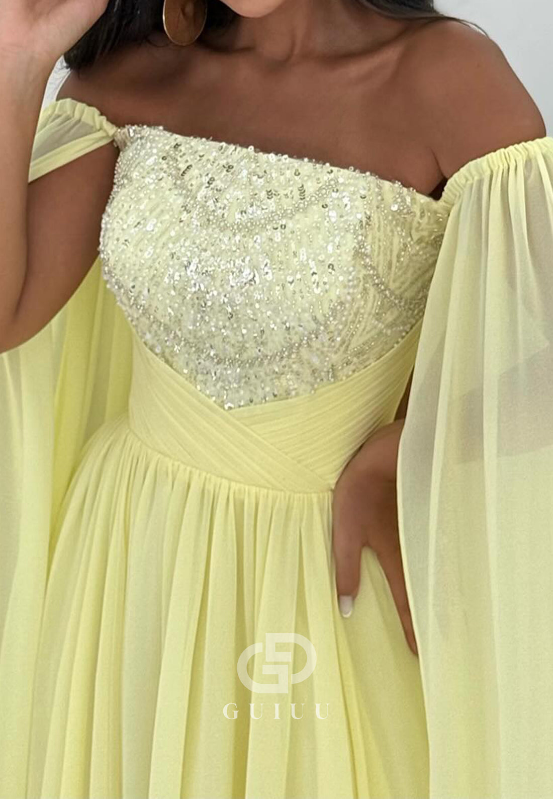 Daffodil Off-Shoulder Cape Empire-Waist Evening Dress