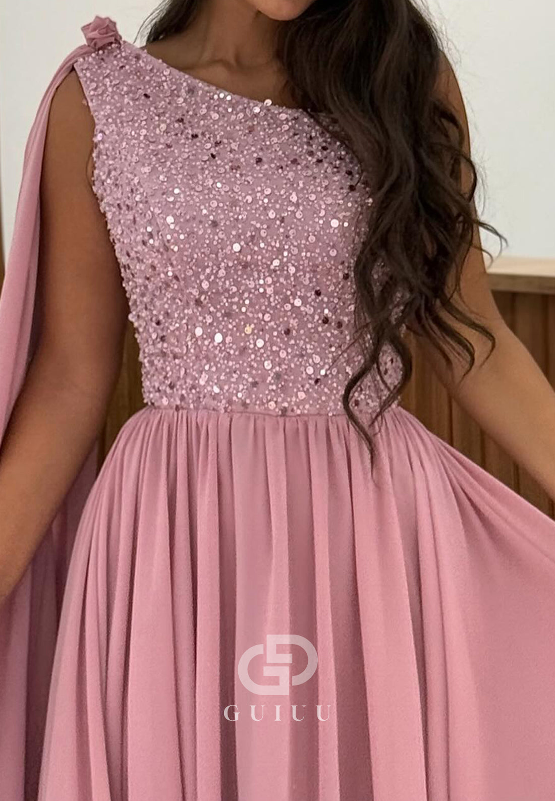 Blushing Pink One SHoulder Sequins A-Line Chiffon Evening Dress