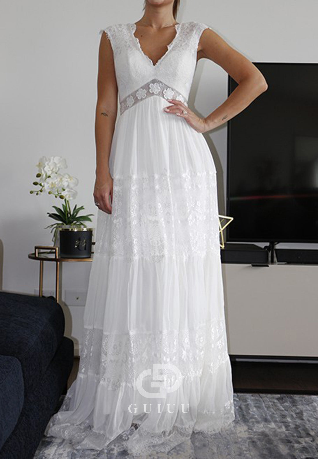 A-Line Princess V-neck Short Sleeves Lace Ruched Floor-Length Wedding Dresses