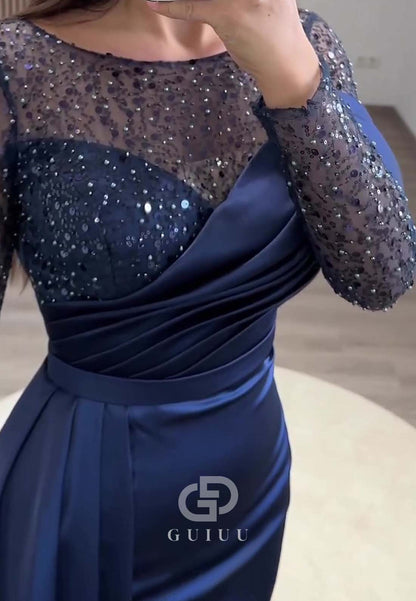 Sheath Long Sleeves Scoop Sequins Ruched Evening Dress