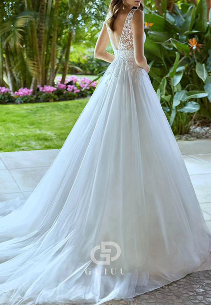 A-Line Spaghetti Straps V-Neck Appliques Lace Wedding Dress