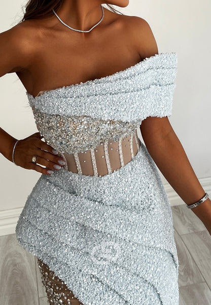 Mist One Shoulder Sleeveless Slit Sequins Prom Dress