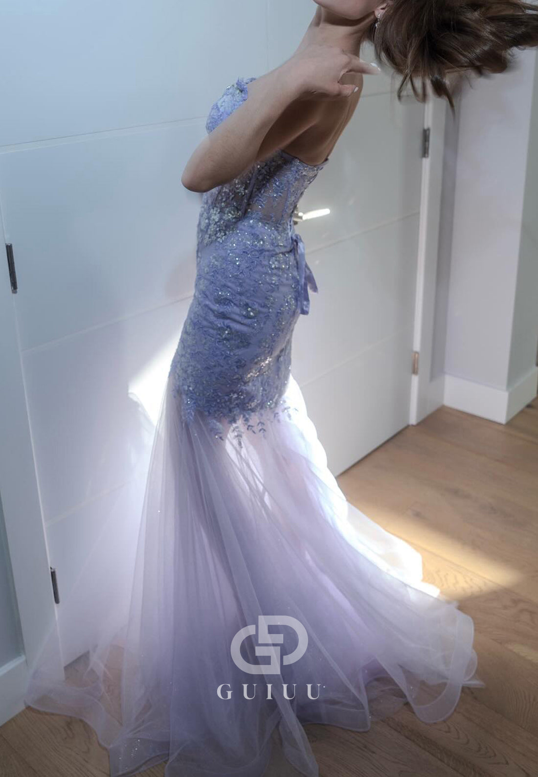 Lilac Strapless Sleeveless Slit Floral Appliques Prom Dress