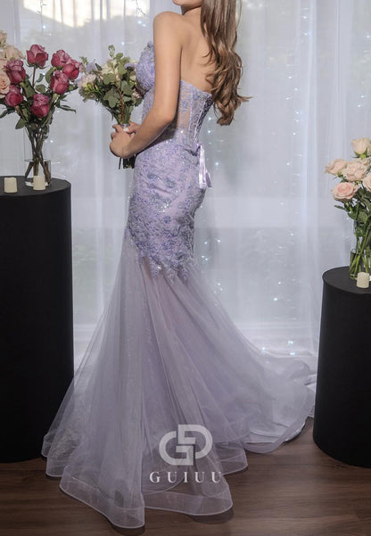 Lilac Strapless Sleeveless Slit Floral Appliques Prom Dress