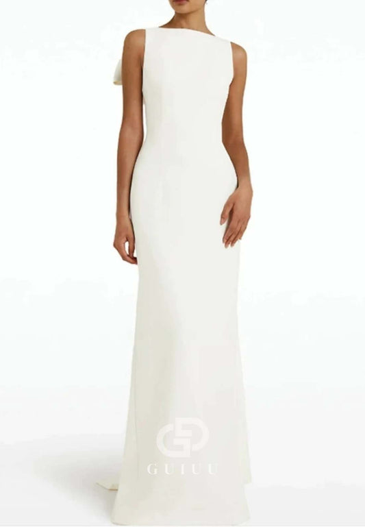 Simple Scoop Sleeveless Bowknot Satin Evening Dress
