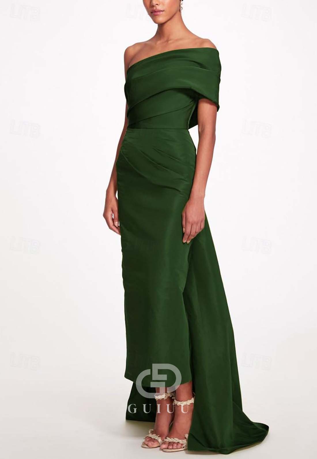 One Shoulder Cap Sleeve Ruched Floor-Length Evening Dress