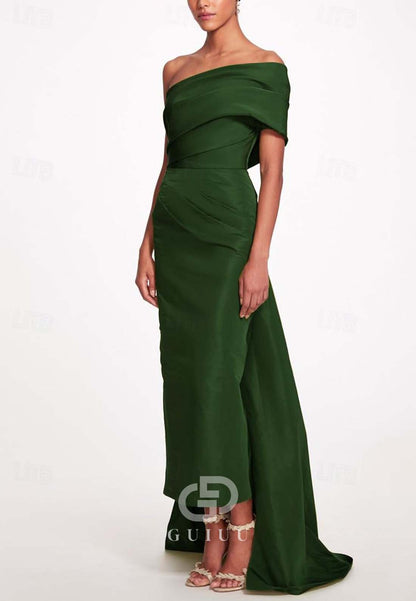 One Shoulder Cap Sleeve Ruched Floor-Length Evening Dress
