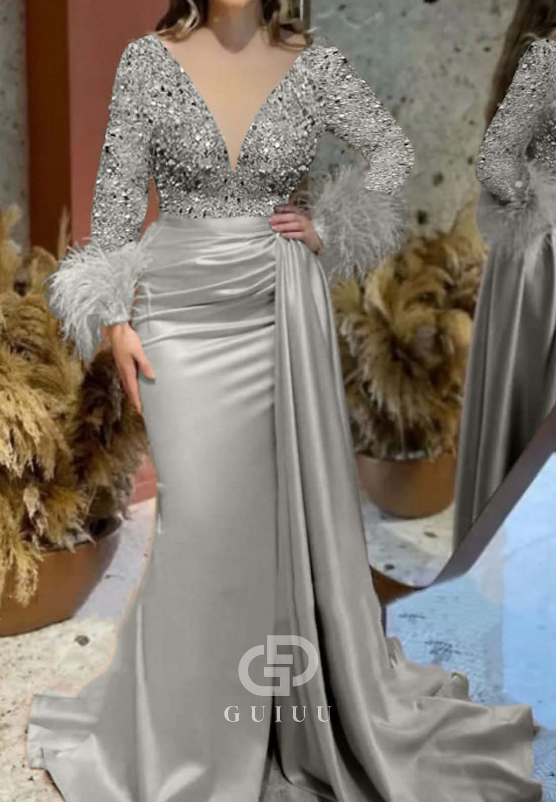 Mermaid Long Sleeves Deep V-Neck Ruched Feathers Evening Dress