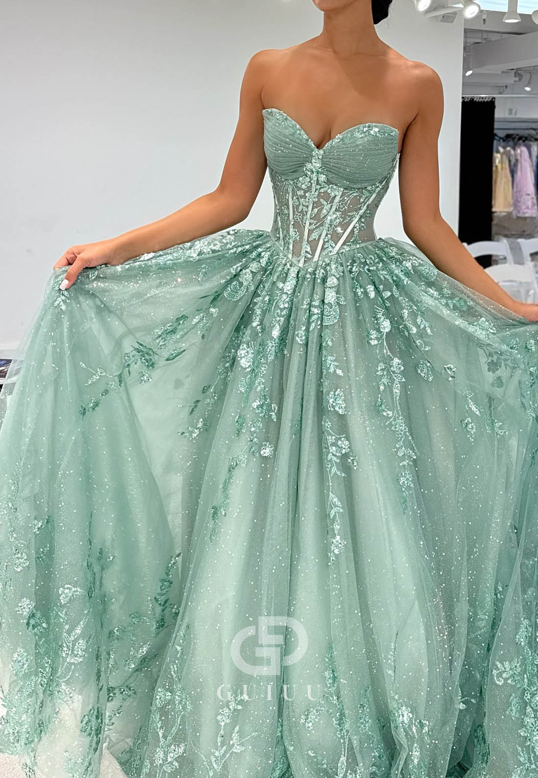 Dusty Sage Sweetheart Sleeveless Sequins A-Line  Prom Dress