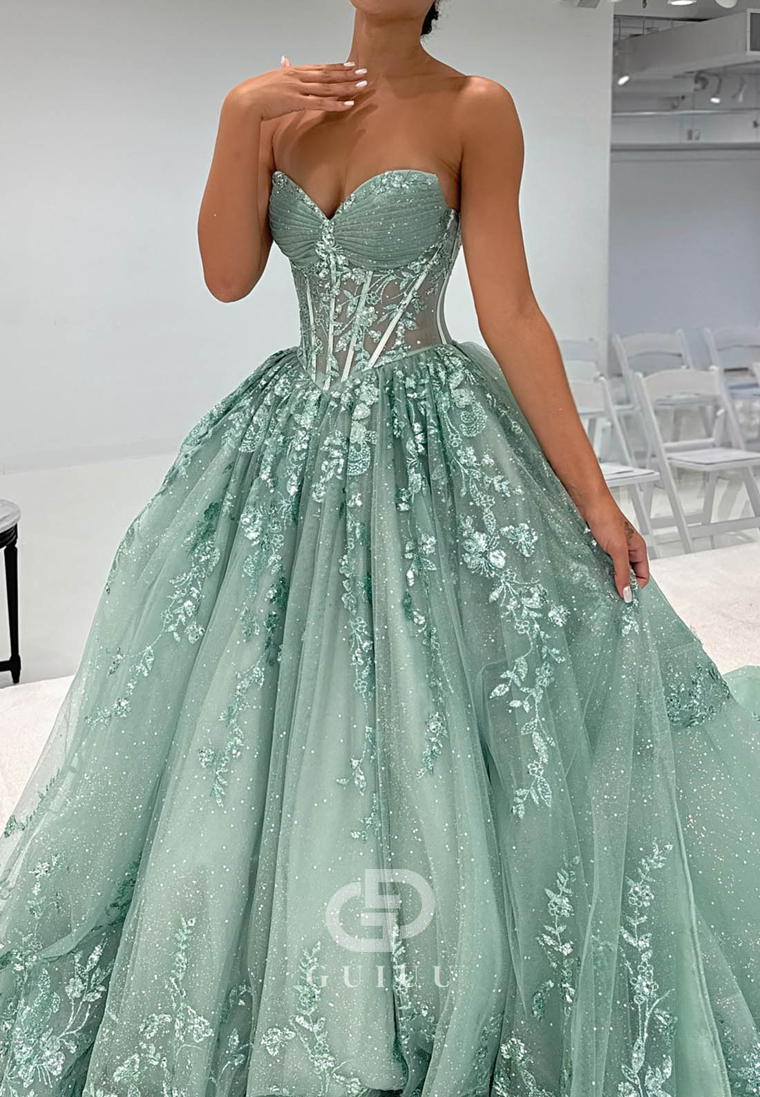 Dusty Sage Sweetheart Sleeveless Sequins A-Line  Prom Dress