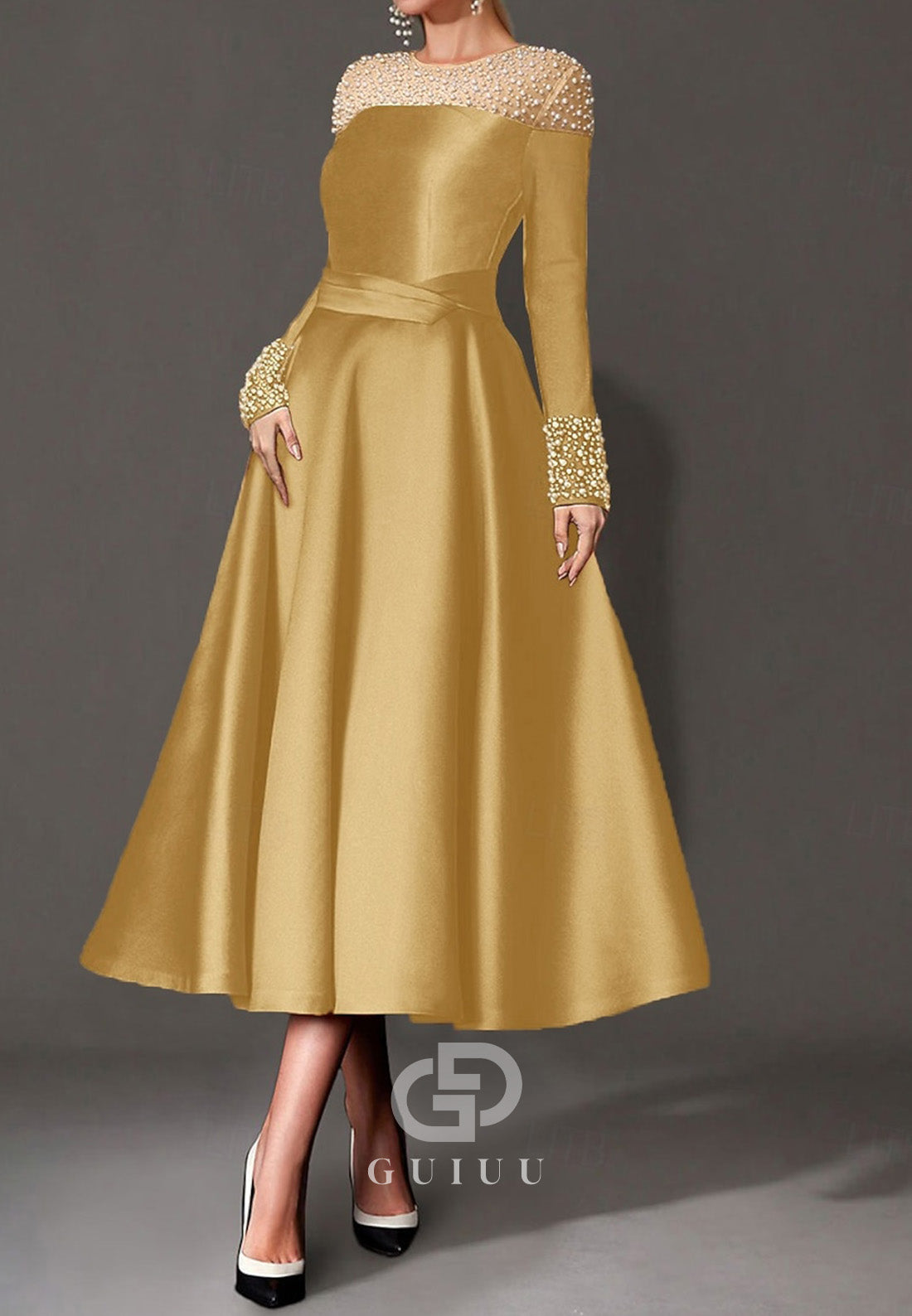 Elegant Dress Formal Tea Length Long Sleeves Mother of the Bride Dress