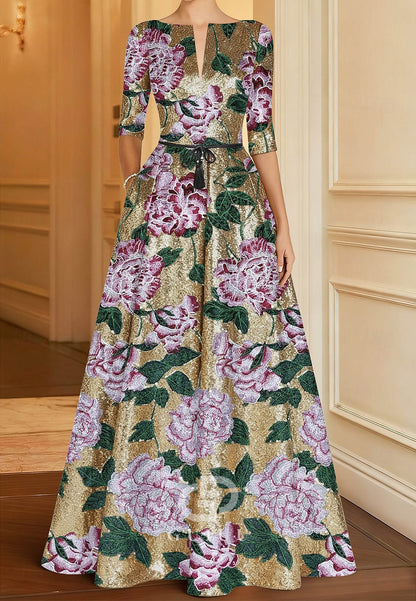 Gold Floral Embroidered A-Line Evening Gown