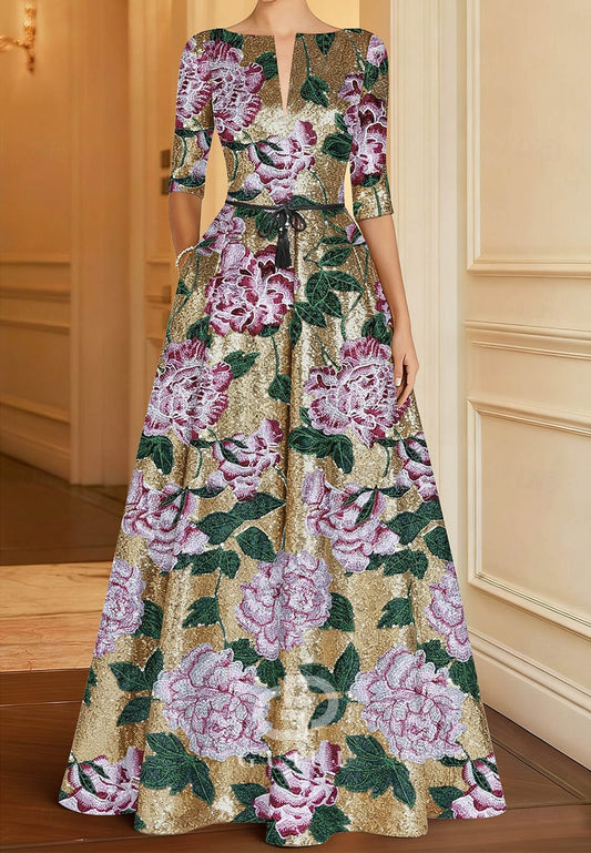 Gold Floral Embroidered A-Line Evening Gown