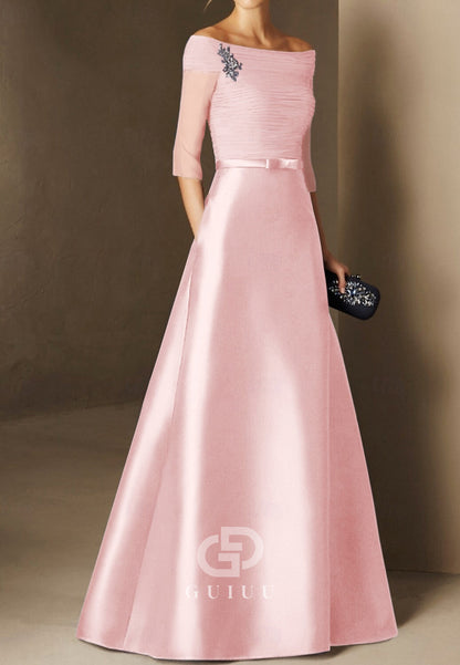 Half Sleeves Scoop Ruched A-Line Satin Mother of the Bride Dress