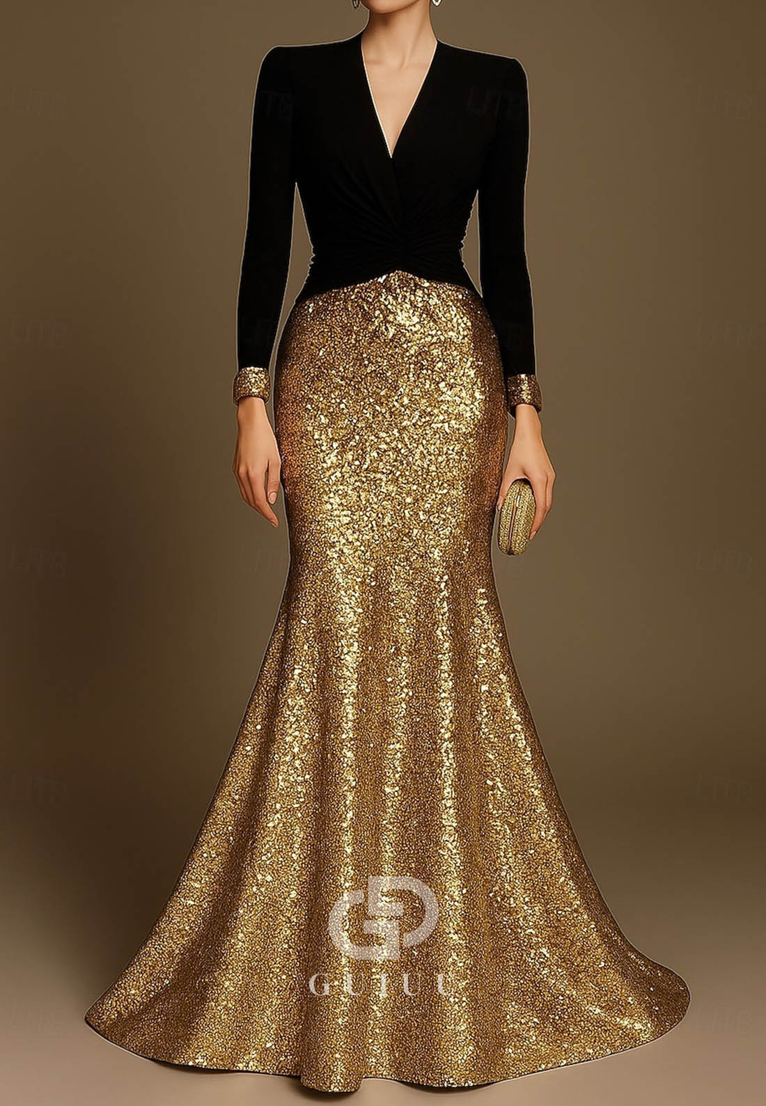 Trumpet Floor Length Evening Dress V Neck Sequined with Glitter
