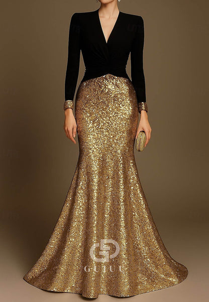 Trumpet Floor Length Evening Dress V Neck Sequined with Glitter